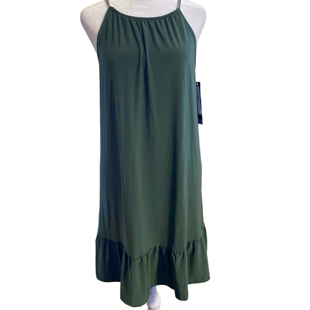 Nicole Miller Spaghetti Strap Swing Dress Olive Green Midi